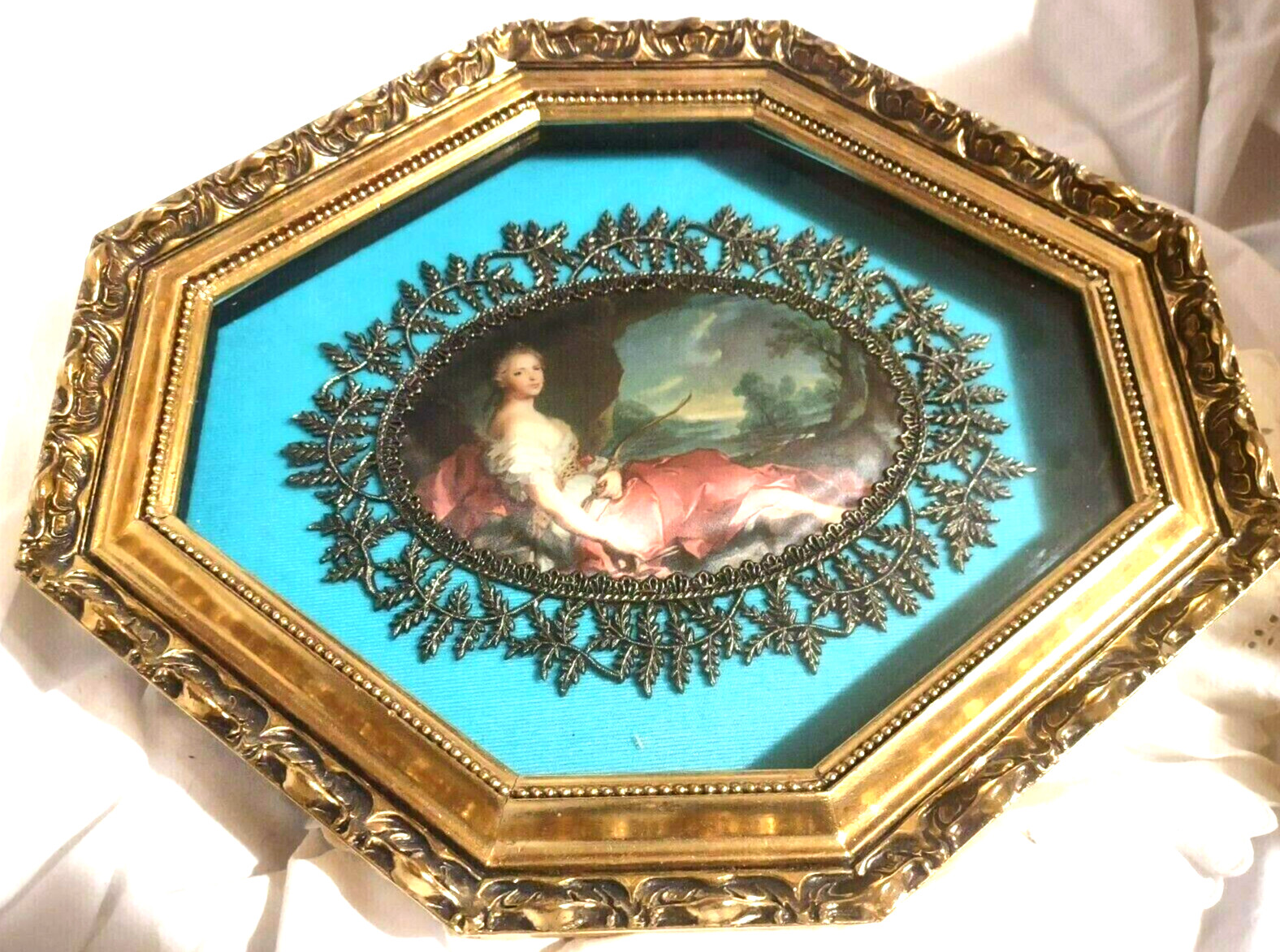 Shadow Box Frame Fabric Puffy Portrait Lace Lounging Girl w Pink Dress Hollywood