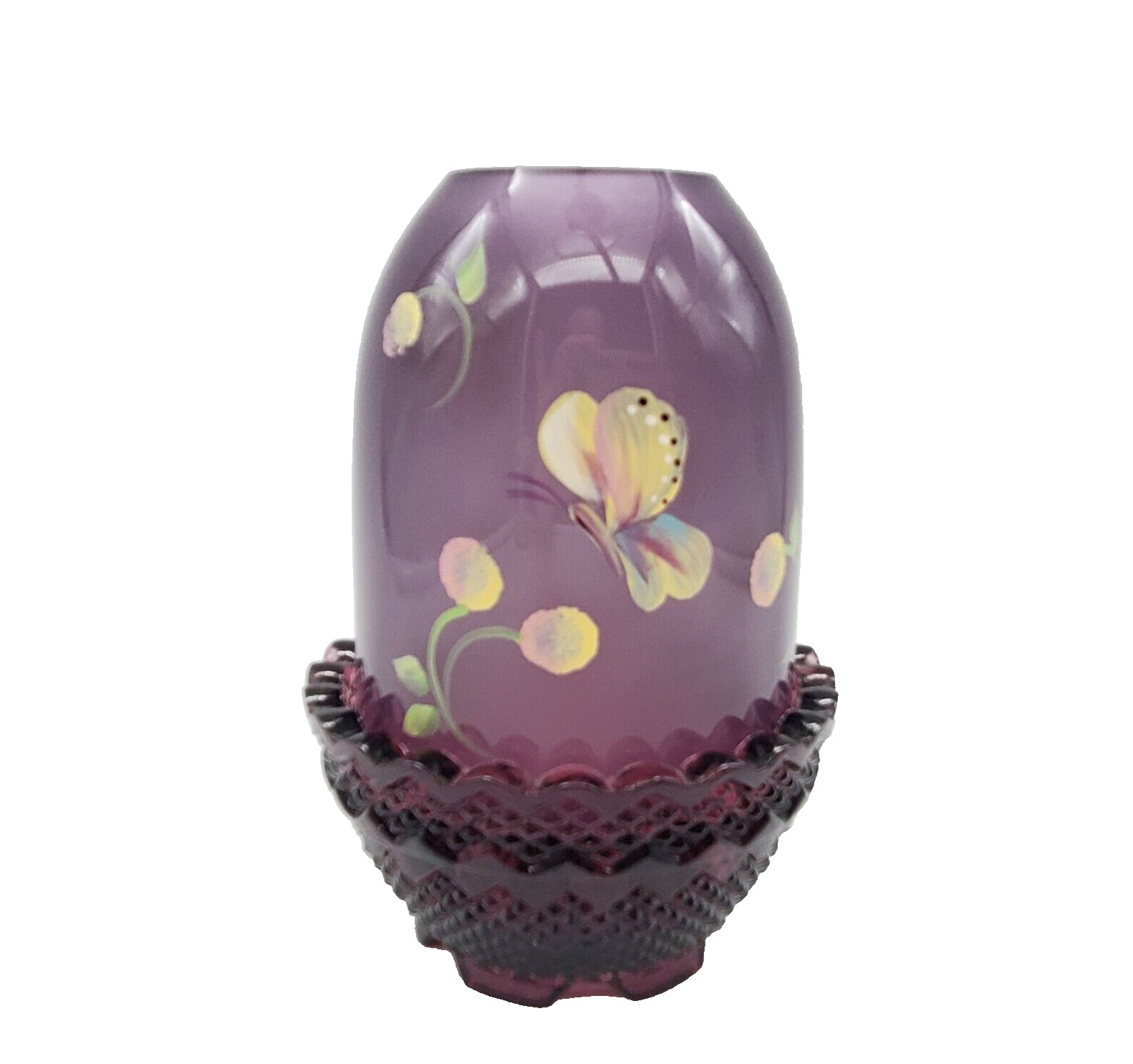 Fenton Fairy Lamp Amethyst Purple Floral Butterfly Signed Hand Painted