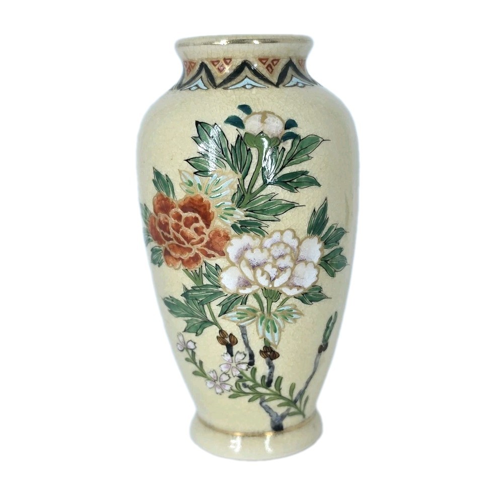 Vtg Japanese Satsuma Pottery Vase Peonies Floral Crackle Gilt Signed CPO 5\