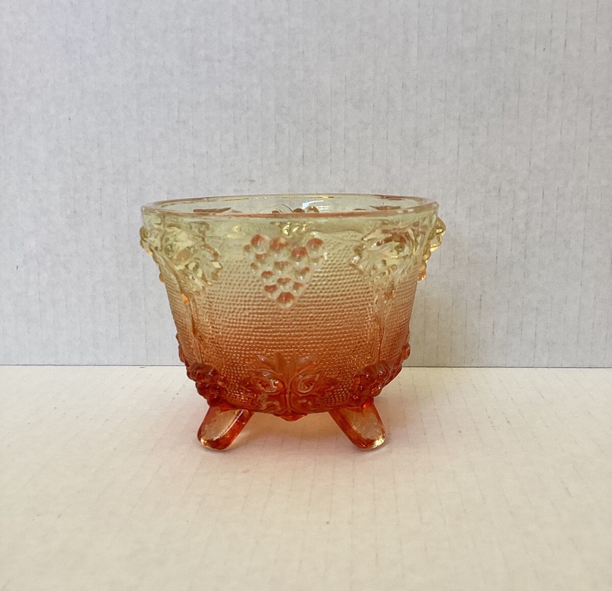 Vintage Jeannette Glass Grape Leaf 3 Footed Compote Dish Amberina