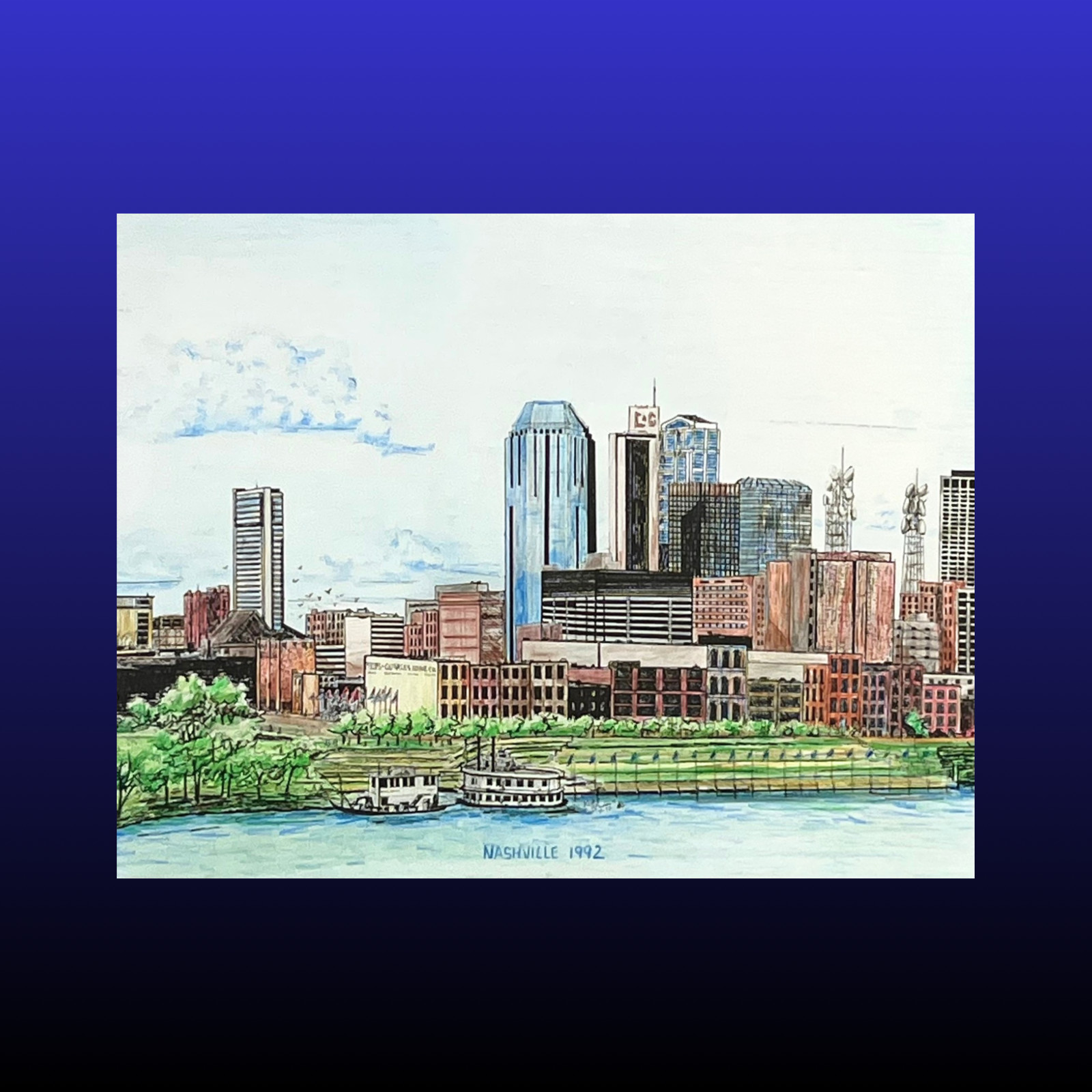 ACEO ATC Original Painting Print, Nashville 1992 Music City Riverfront Skyline