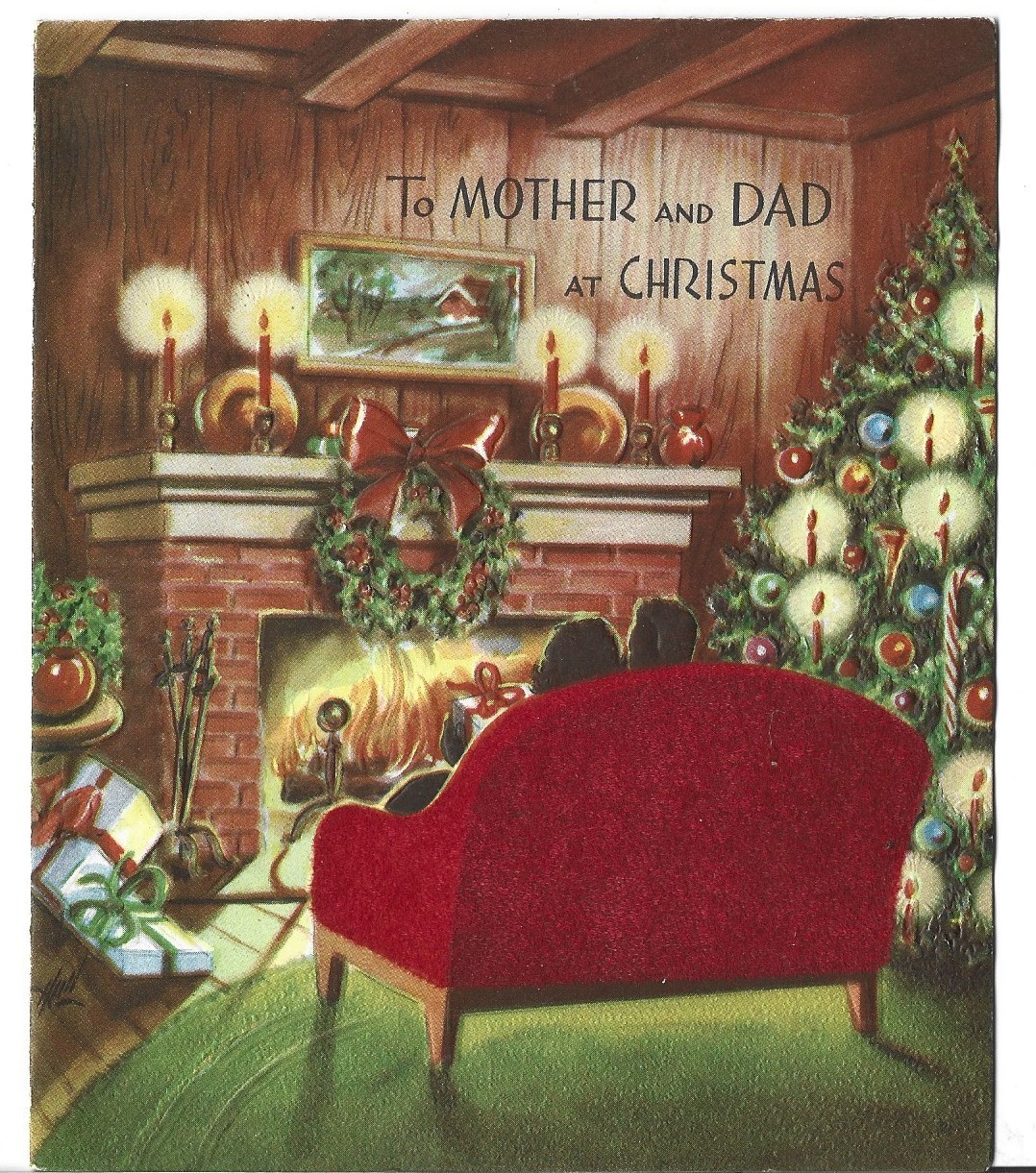 VTG CHRISTMAS CARD 5X6 LIVING RM WITH ROARING FIRE FLOCKED RED COUCH WREATH GIFT