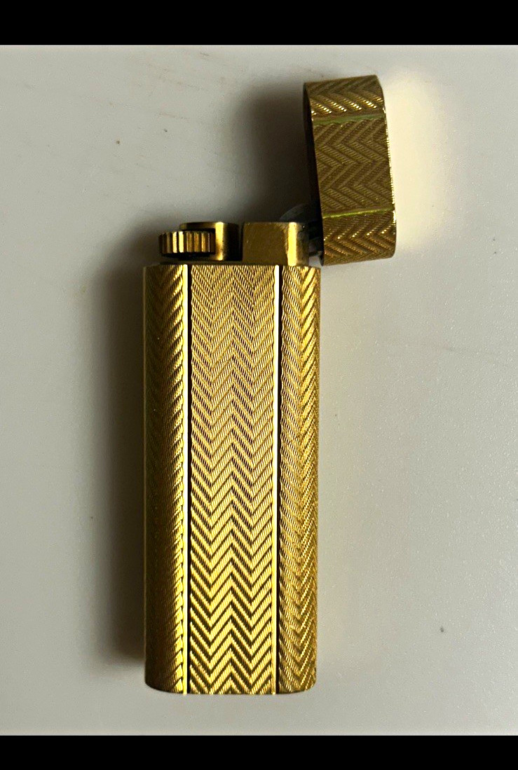 Rare 1980’s Cartier Paris Swiss Made Gold Herringbone Chevron Cigarette Lighter