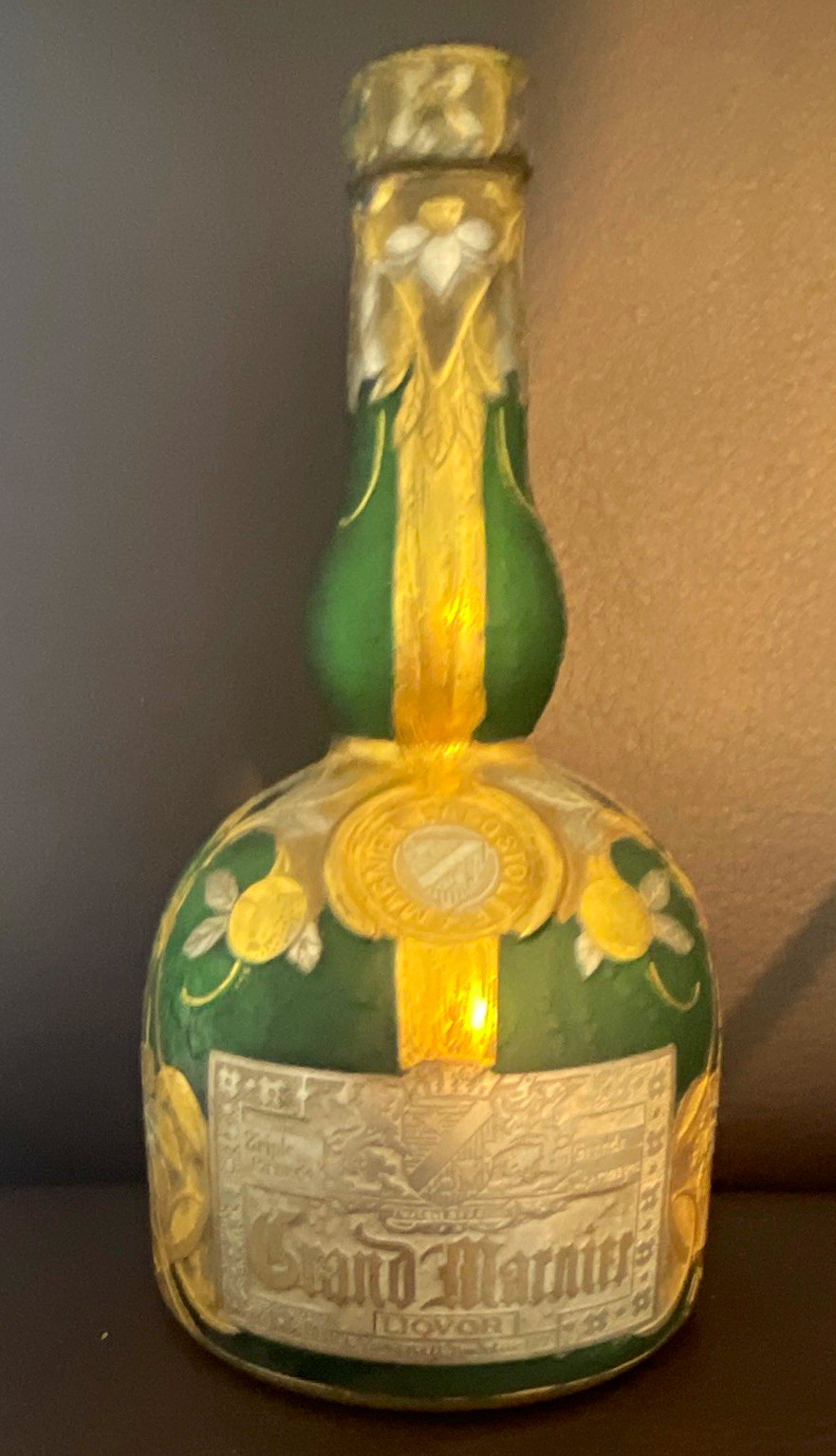 Antique Grand Marnier Green Cameo Glass Daum Nancy Bottle Marquée Déposée c 1910