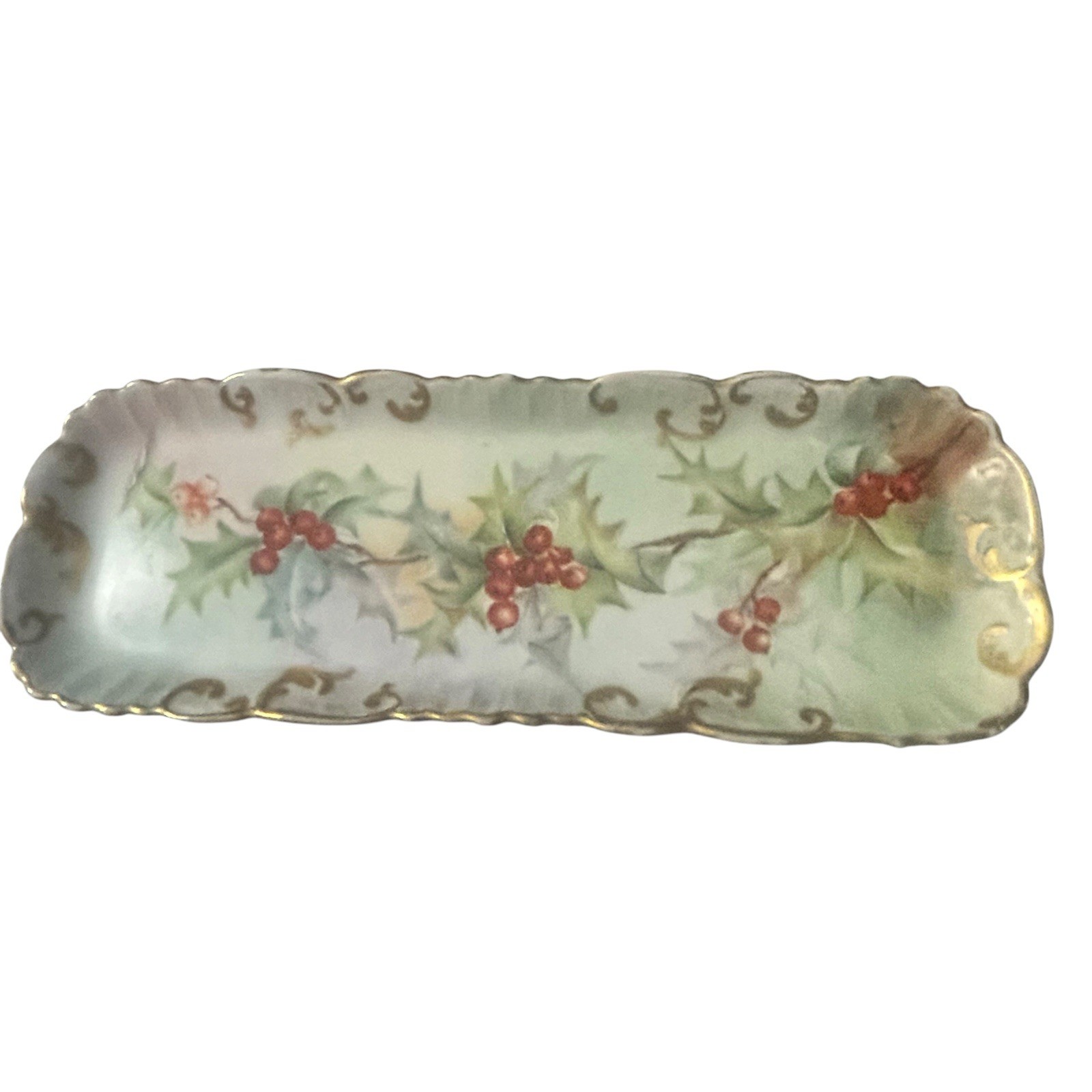 Antique 1907 Hand Painted Porcelain Holly Berry Tray Christmas Gold Gilt