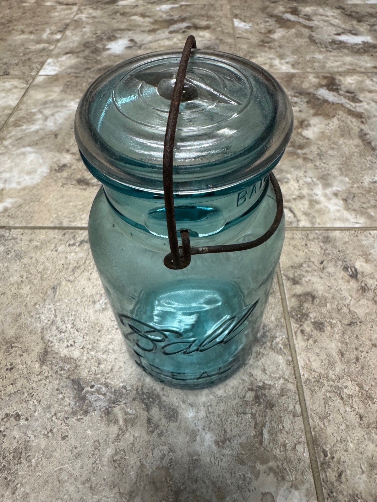 Ball Ideal Pat D July 14, 1908 blue glass jar wire glass lid