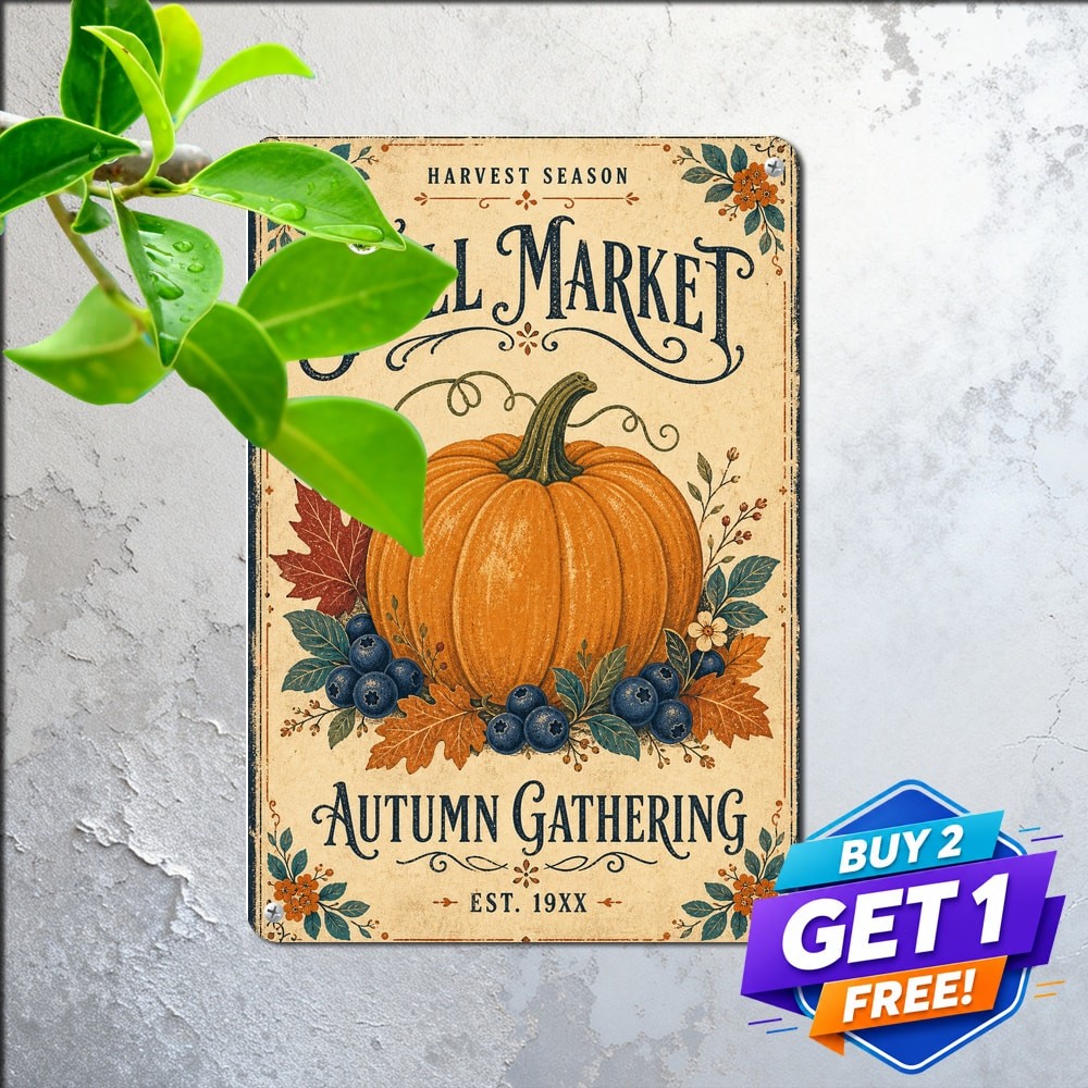 Autumn Pumpkin Blueberry Foliage Metal Tin Sign Vintage Botanical Decor 8x12