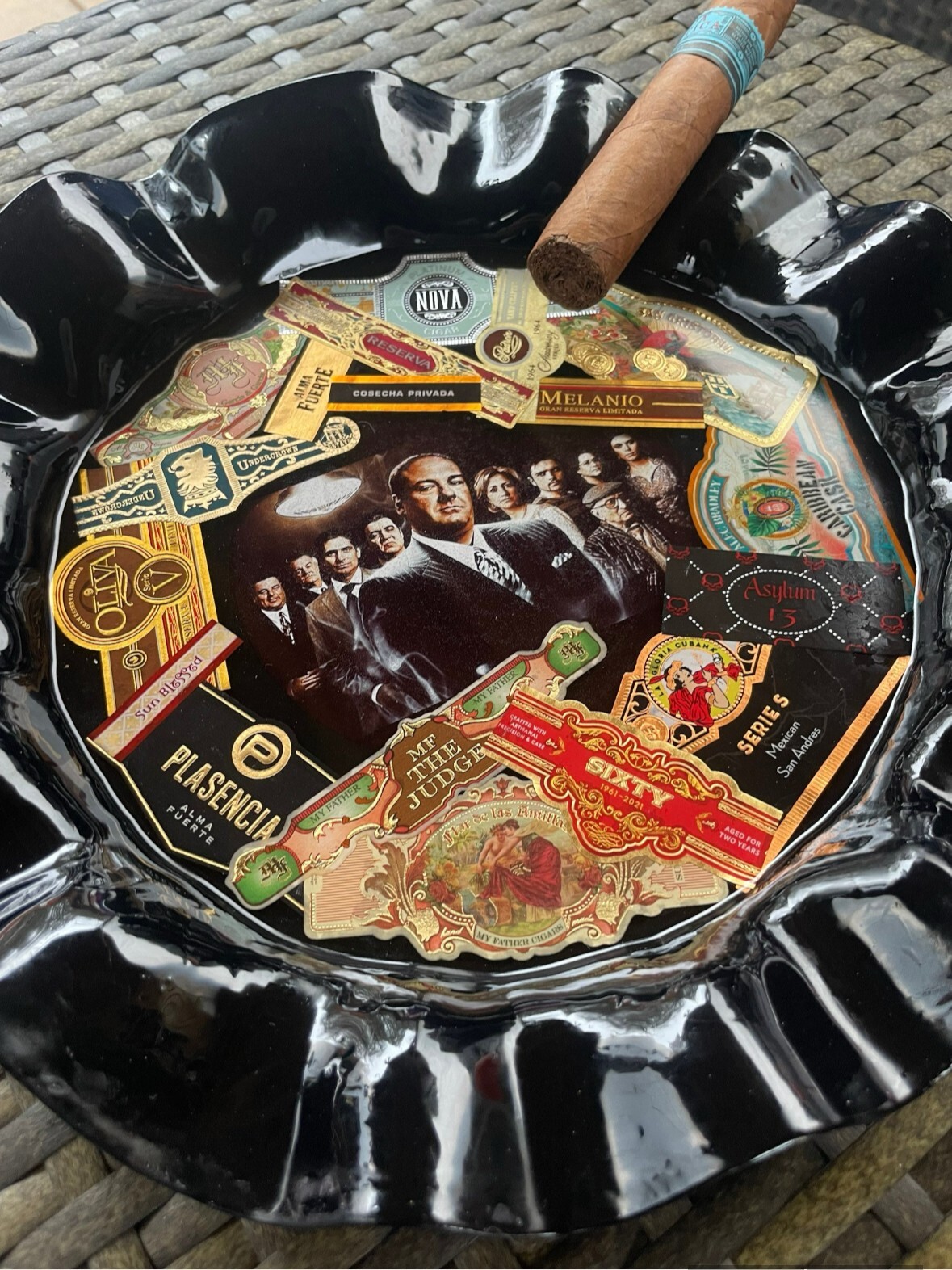 Soprano's Cigar Ashtray with Custom Cigar Band Collage - Handmade and Unique