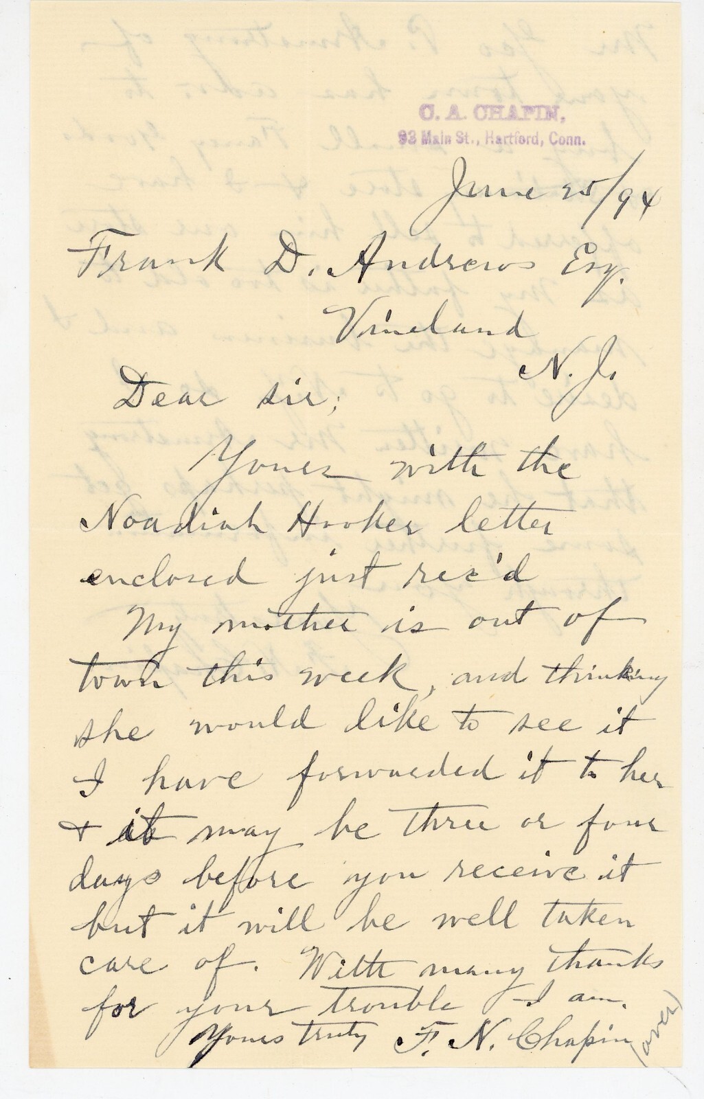 1894 Handwritten Letter from F.N. Chapin to Frank D. Andrews Re: Hooker Family