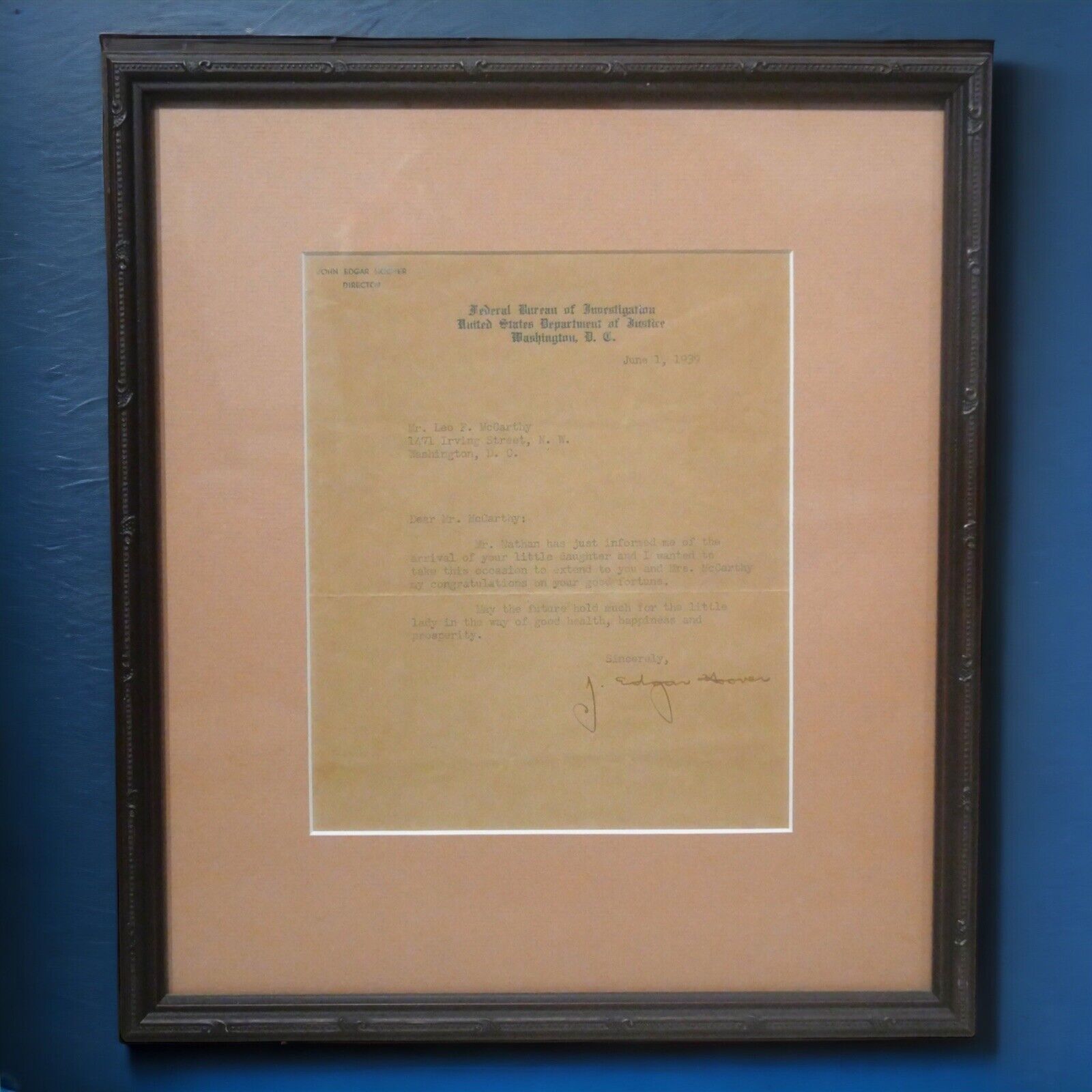 1939 J. Edgar Hoover Signed FBI Letterhead Framed Letter