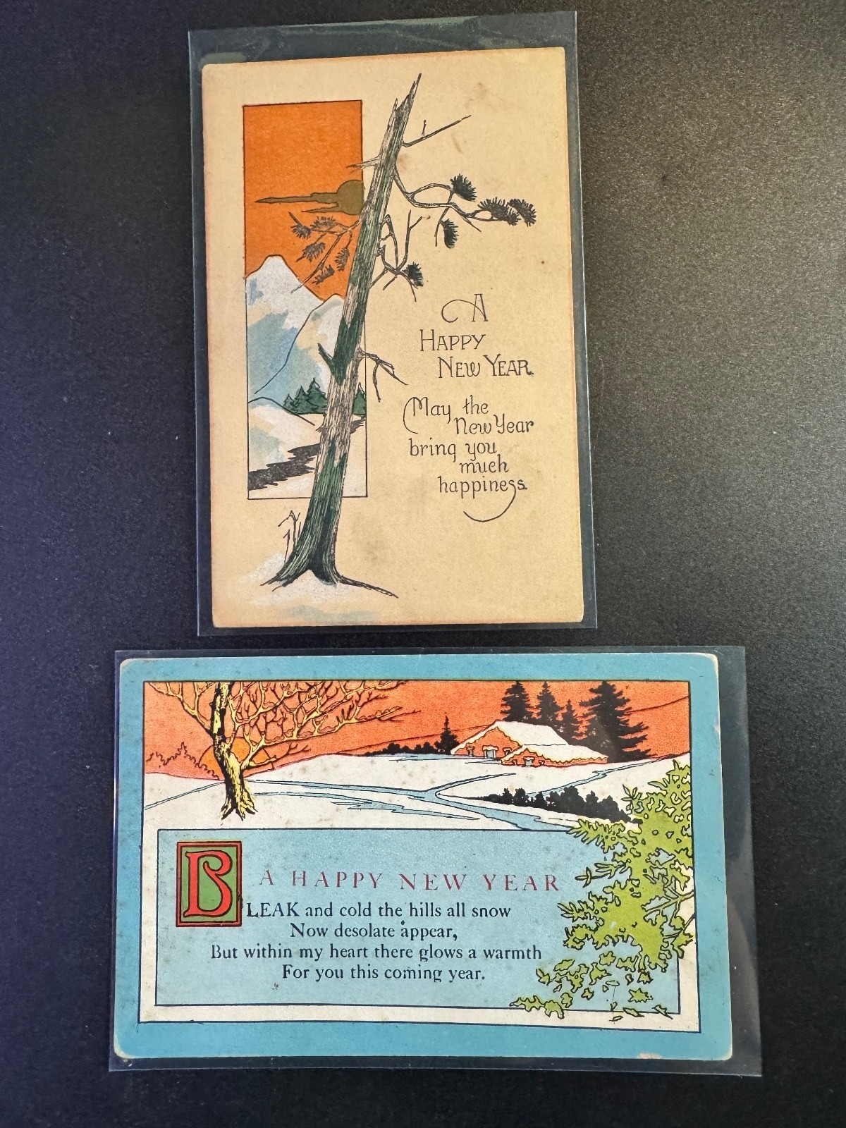 Vintage 1910s New Year Postcards Set of 2 with Scenic Winter Illustrations Vintage 1910s New Year Postcards Set of 2 with Scenic Winter Illustrations