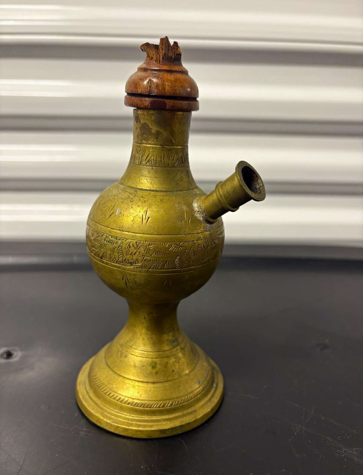 Vintage Engraved Brass Hookah Base Vessel w/ Wood Top, Side Port, Stopper