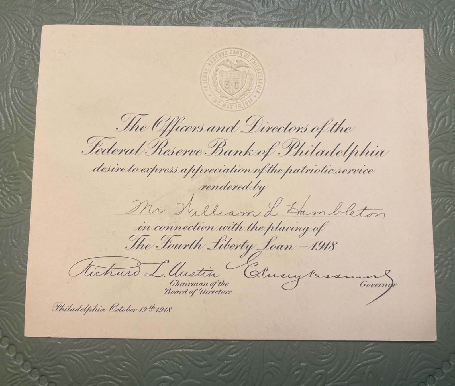 WWI 1918 Federal Reserve Bank 4th Liberty Loan Philadelphia Oct 19 1918 Signed WWI 1918 Federal Reserve Bank 4th Liberty Loan Philadelphia Oct 19 1918 Signed