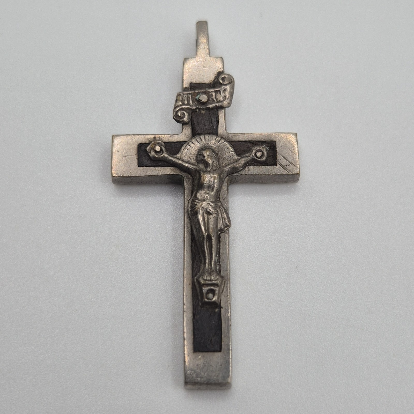 Early 1900s Antique Catholic Crucifix Cross Wood Silver Inlay Pendant Jewelry Early 1900s Antique Catholic Crucifix Cross Wood Silver Inlay Pendant Jewelry