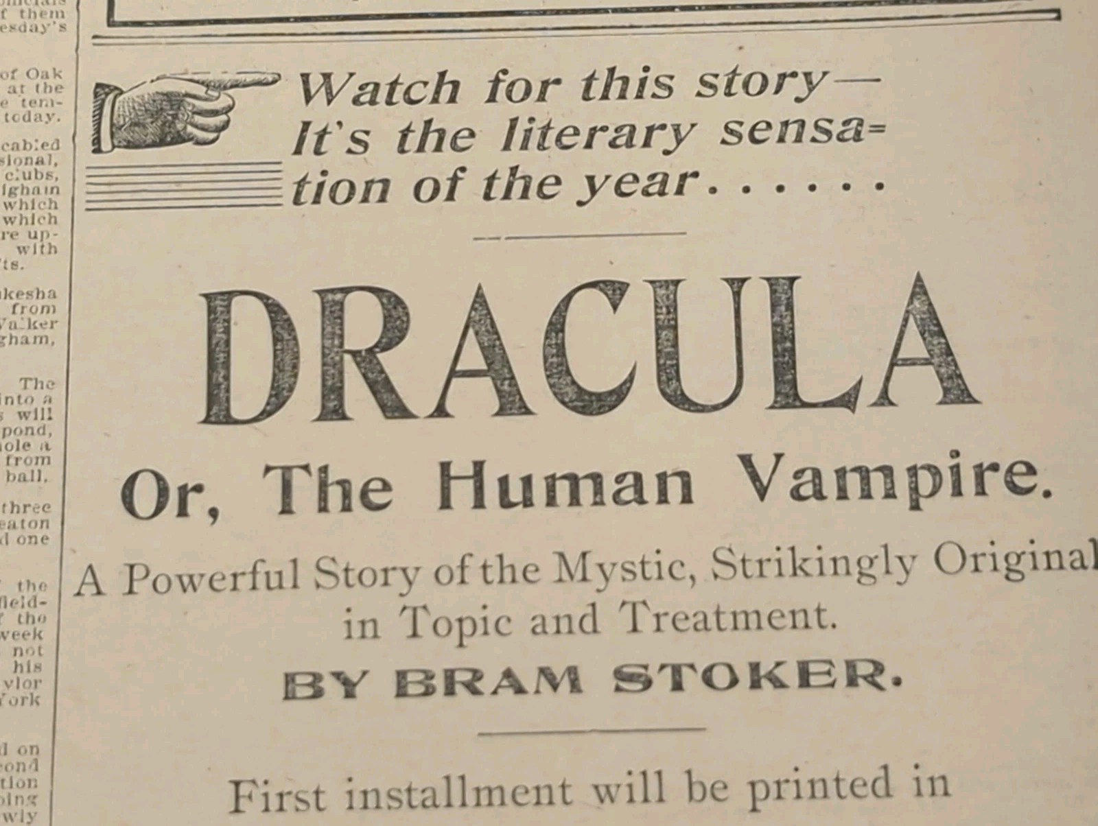 MAY 6, 1899 NEWSPAPER PAGE #3245- DRACULA, OR THE HUMAN VAMPIRE, BRAM STOKER
