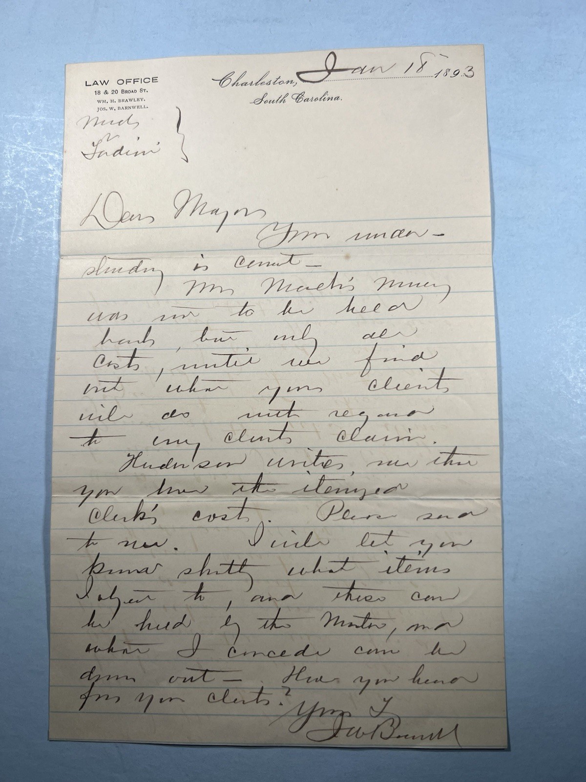Handwritten Letter of Joseph Barnwell CSA Soldier And Politician 1893