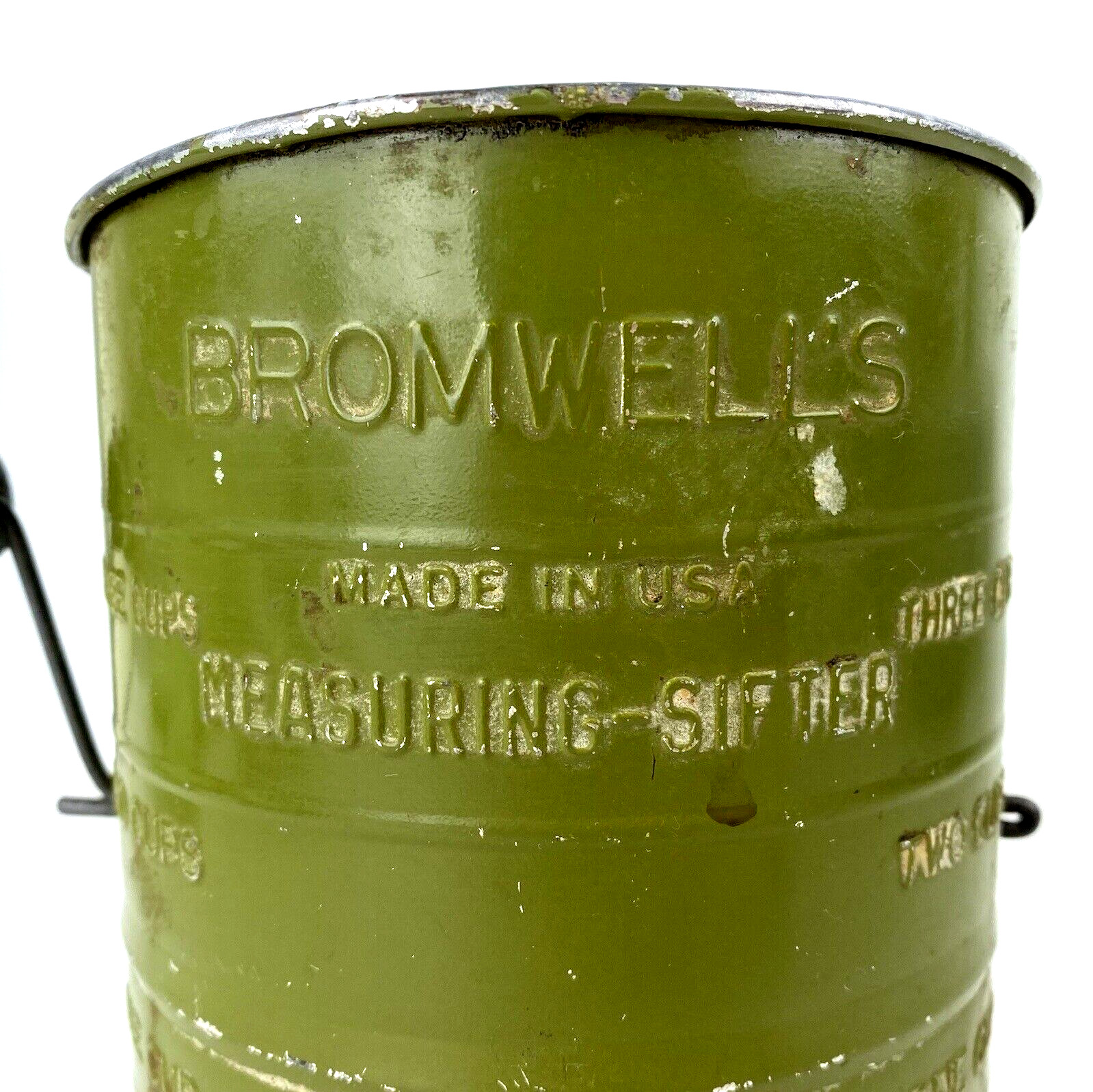 VINTAGE GREEN BROMWELL'S FLOUR SIFTER Tin Crank Handle Farmhouse Kitchen Decor