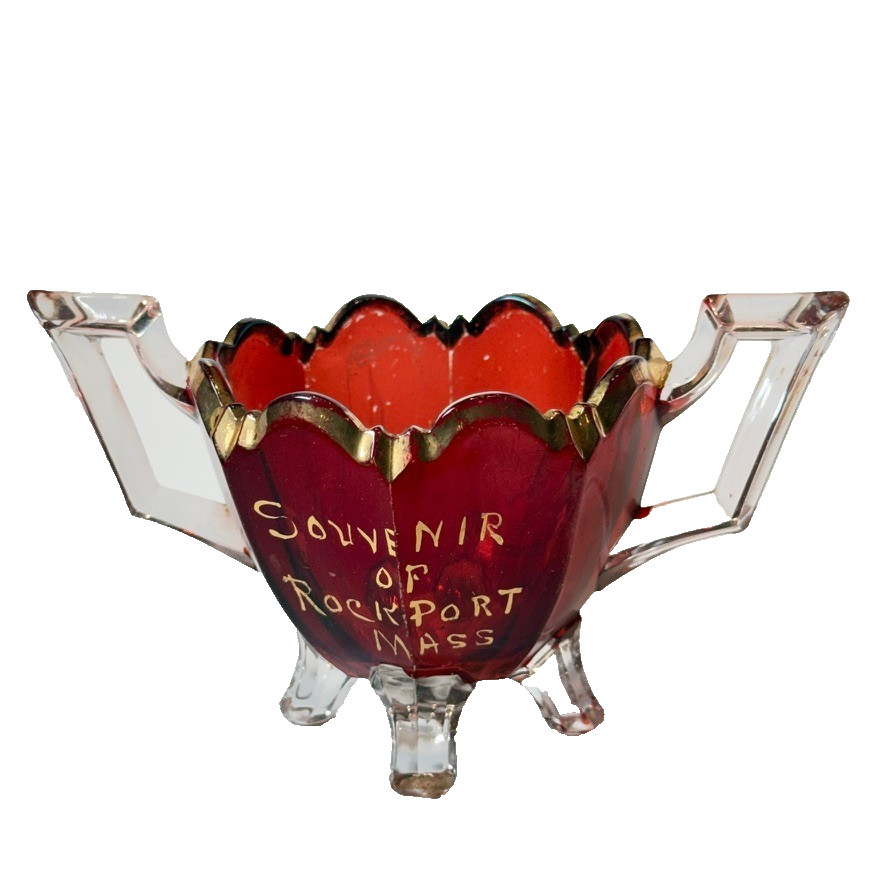 ROCKPORT MA Massachusetts Ruby Red Flash Souvenir Glass TRINKET ANTIQUE BOWL