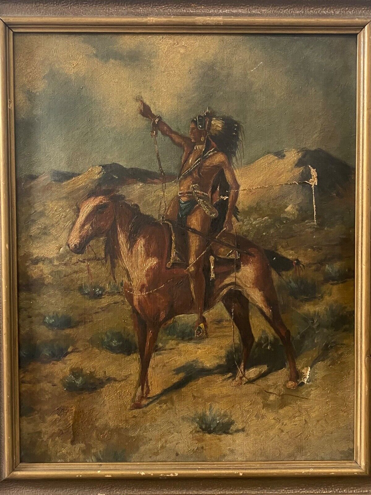 🔥 Antique Old West Native American Indian Chief Portrait Oil Painting, 1906