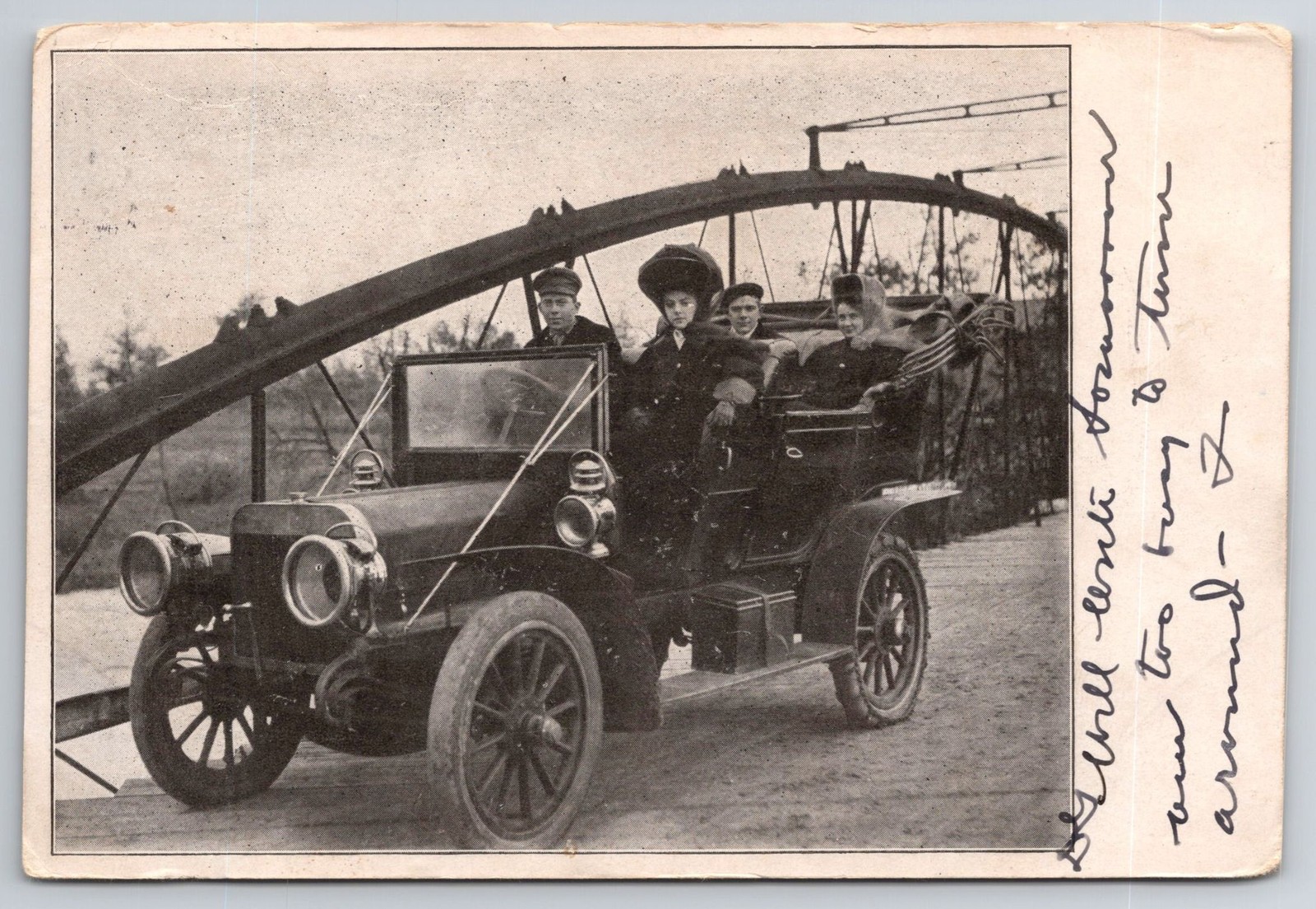 1908 Teens Out For A Drive Classic Automobile Car Postcard Handwritten Address