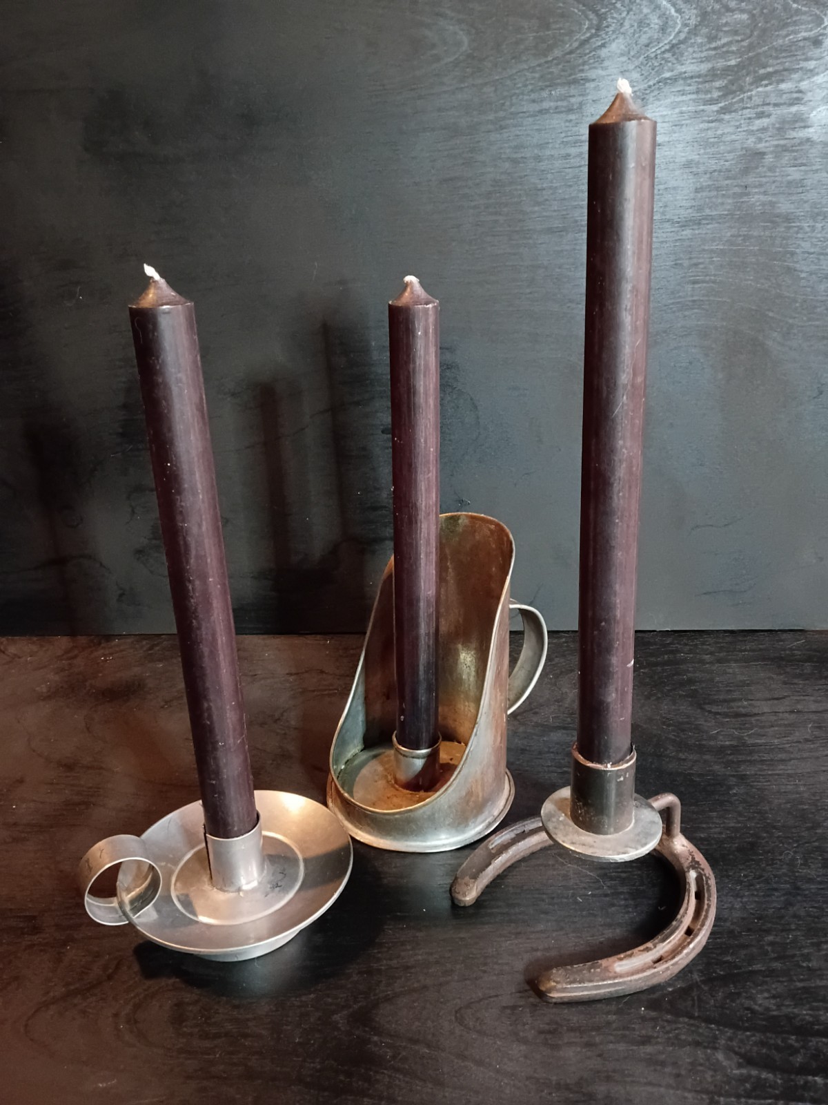 Lot of 3 Vintage Rustic Upcycled Metal Candle Holder Chamber Sticks Cabin Core 