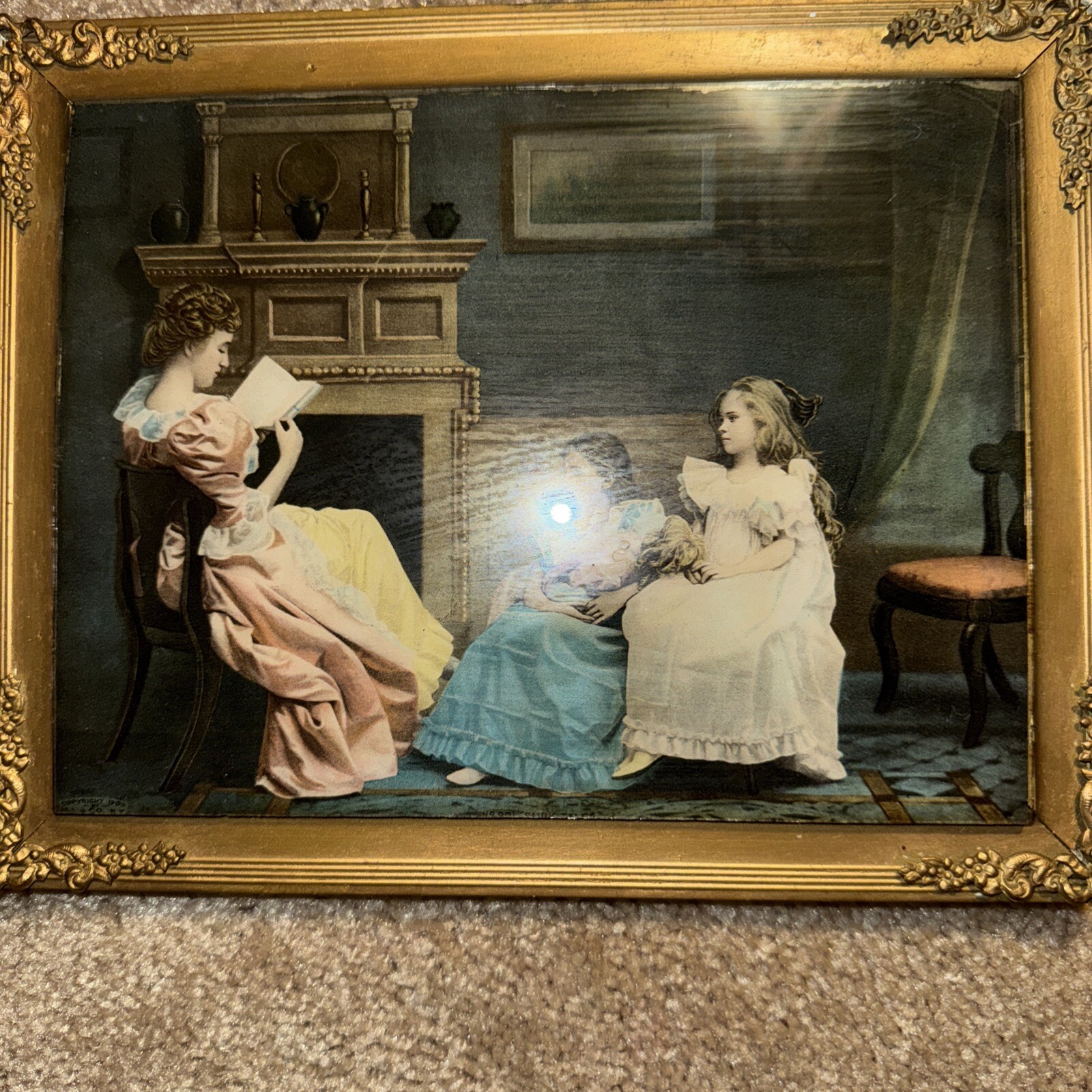 Fairy Tales Chromolithograph 1900 M L & Co NY Print Framed Lady Reading To Kids