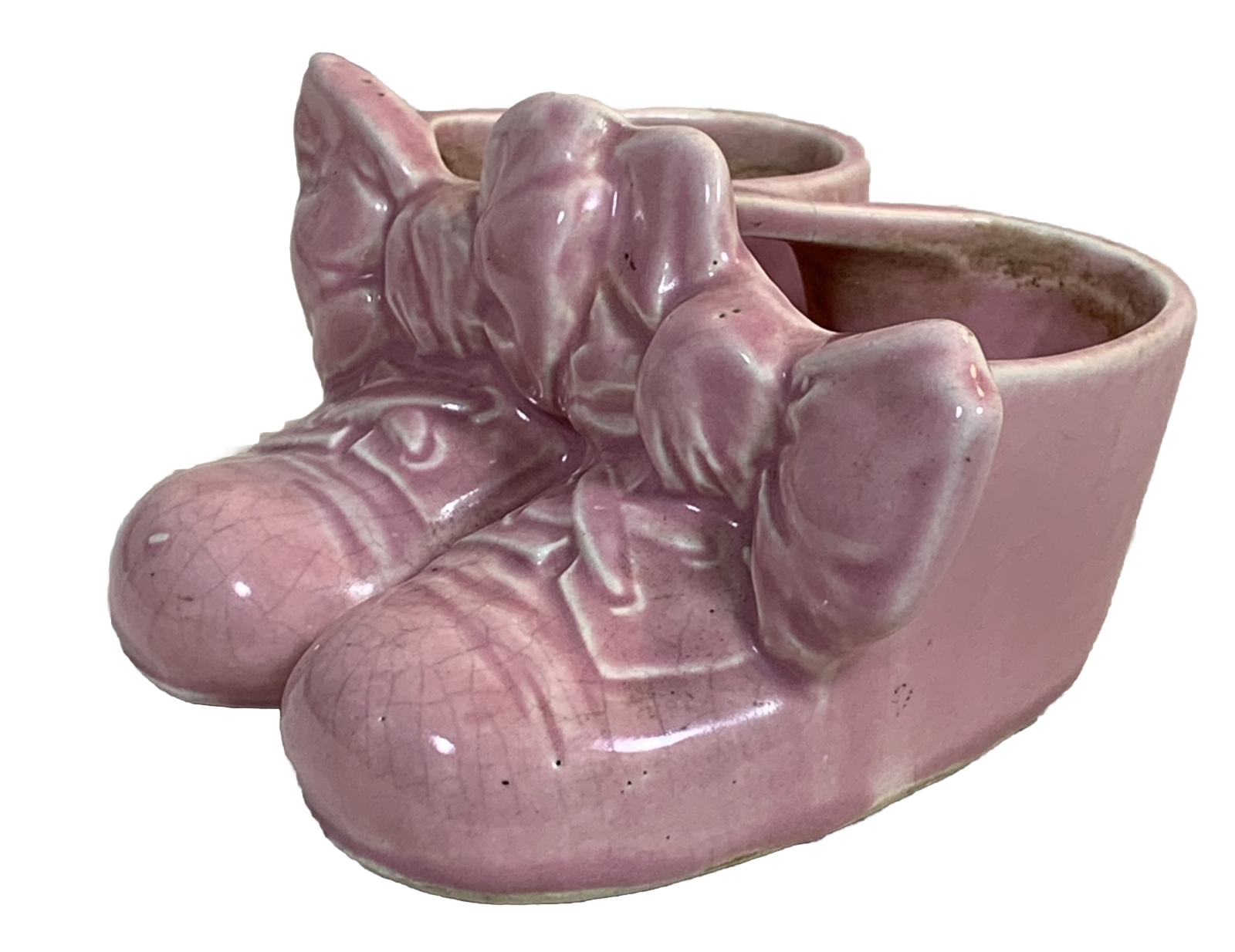 McCoy vintage ceramic pottery planter pink baby shoes with bows 1940s 50s MCM