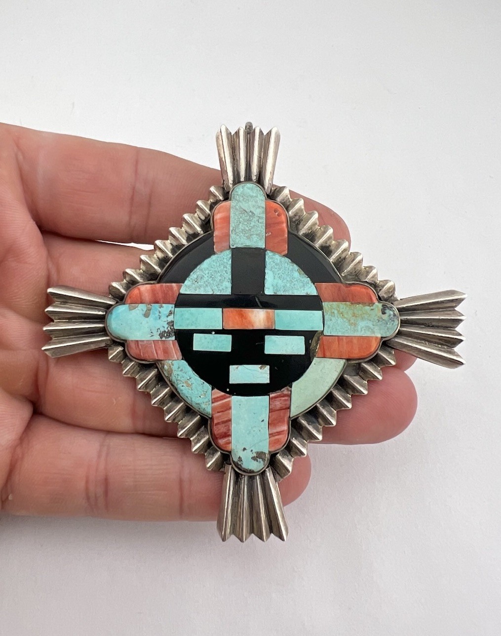 FEDERICO JIMENEZ Sterling Silver Turquoise Spiny Oyster Sunface Pendant 3.25