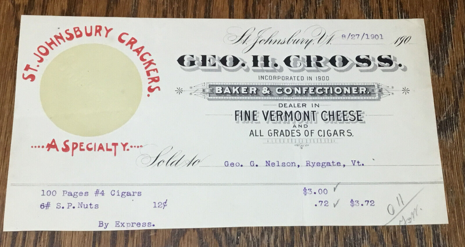 1901 Geo. H. Cross Baker & Confectioner Dealer Vermont Cheese & Cigars Ryegate