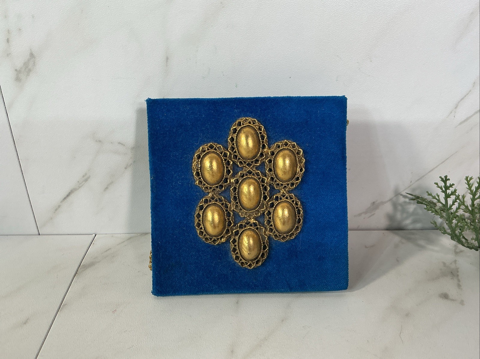 Vintage Blue Velvet 4 Drawer Matchbook Box w/ Ornate Filigree Emblem ~UNIQUE