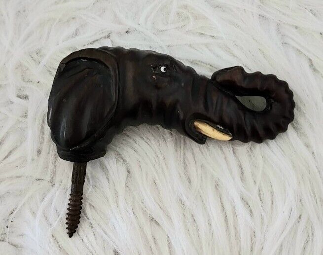 Elephant antique head topper wooden raised trunk brown