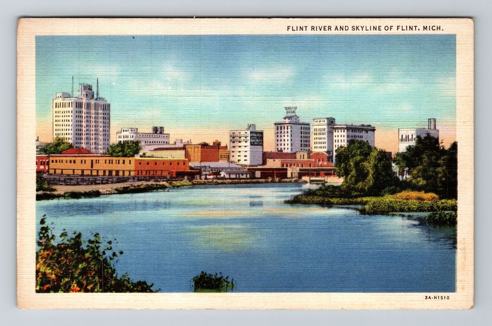 Flint MI-Michigan, Flint River and Skyline, Antique Vintage Souvenir Postcard