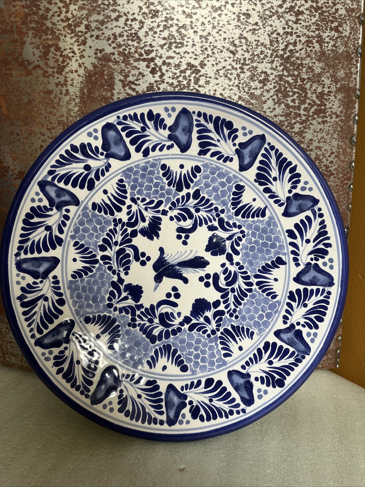 Vintage Talavera Pottery Plate 10” Mexican Blue Floral Puebla Mexico Signed