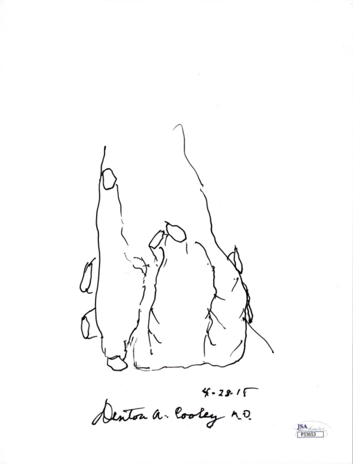 DENTON COOLEY HAND SIGNED ORIGINAL 8x11 HEART DRAWING      HEART SURGEON     JSA