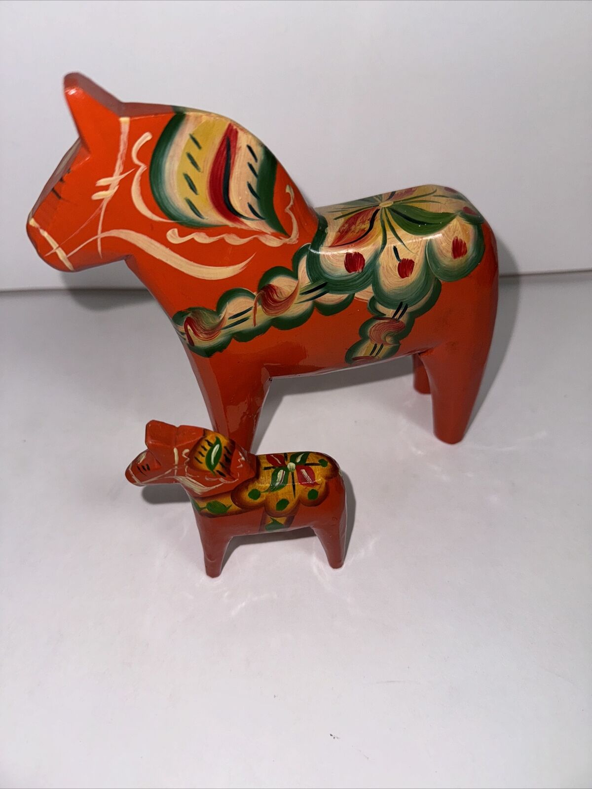 Two (2) Swedish Dala Horses Red  Wood Hand Made and Painted, Scandinavian