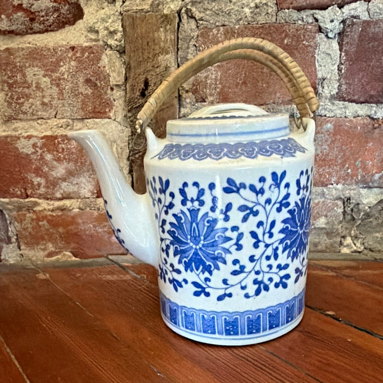 Blue & White Floral Glazed Ceramic Teapot 1 qt with Lid & Wrapped Handle