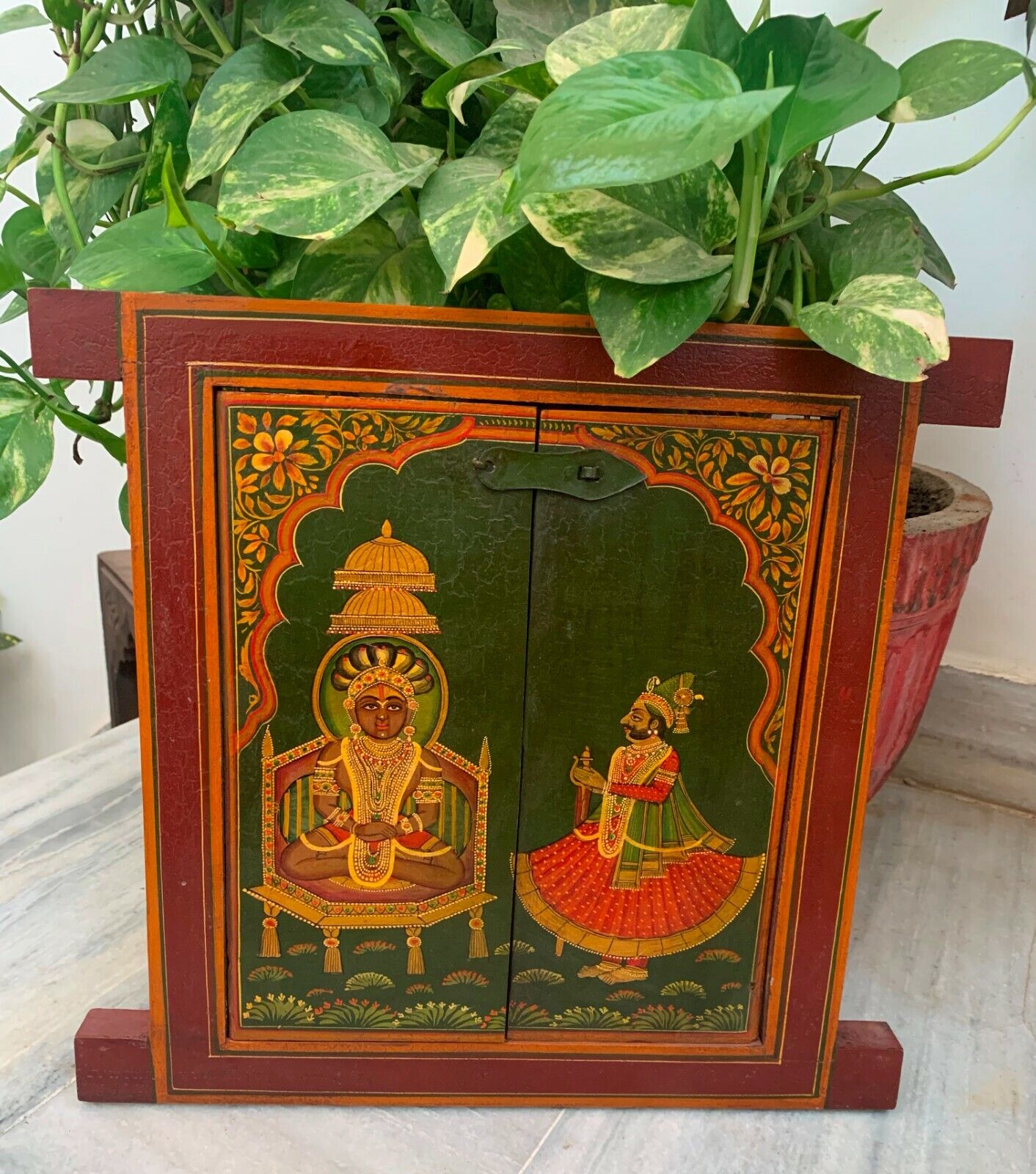 Wooden window hand painted god parasnath wall hanging jharokha royal devotee art