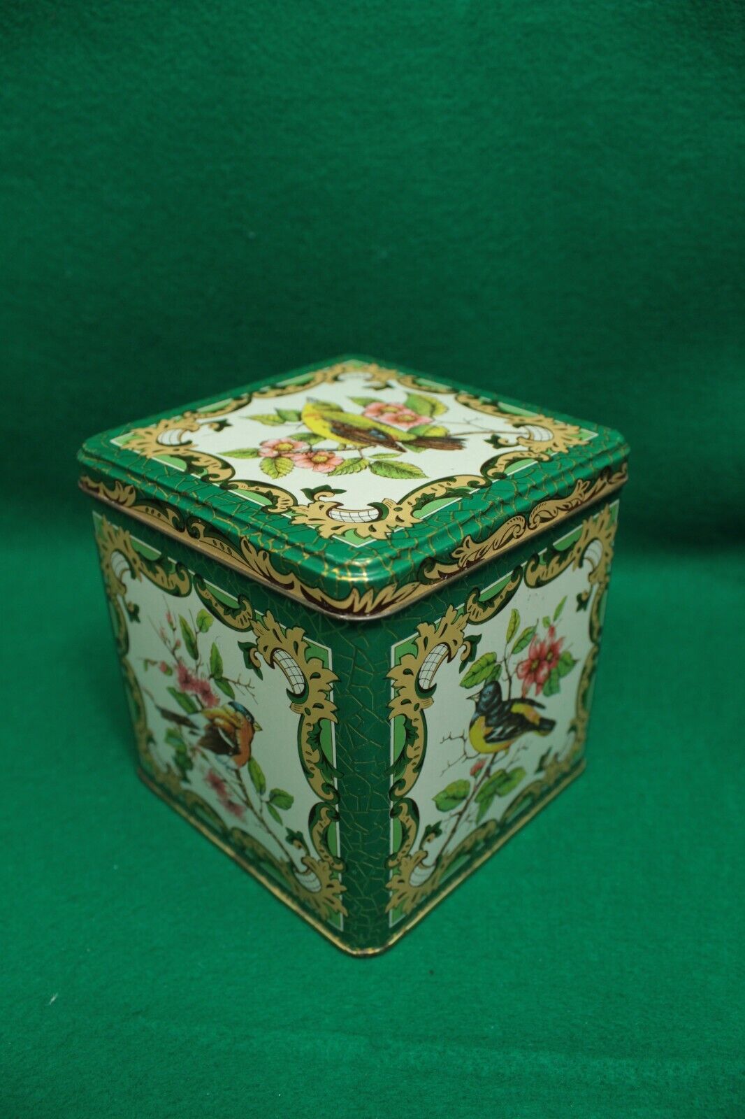 Vintage Tin Canister Hinged Lid Designed by Daher made in England Florals Birds