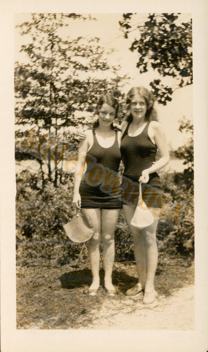 Two Women Swimsuits 1920s Snapshot Photograph Outdoor Candid Americana