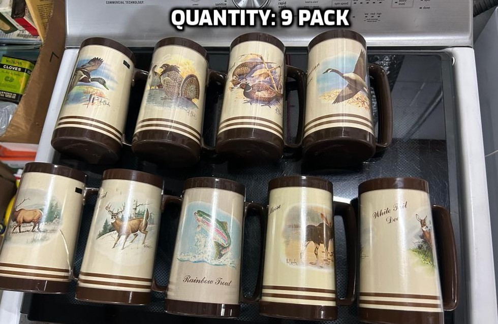 9-pack vintage Thermo Serv Coffee Mugs Les Kouba Wildlife Duck Deer Goose Fish