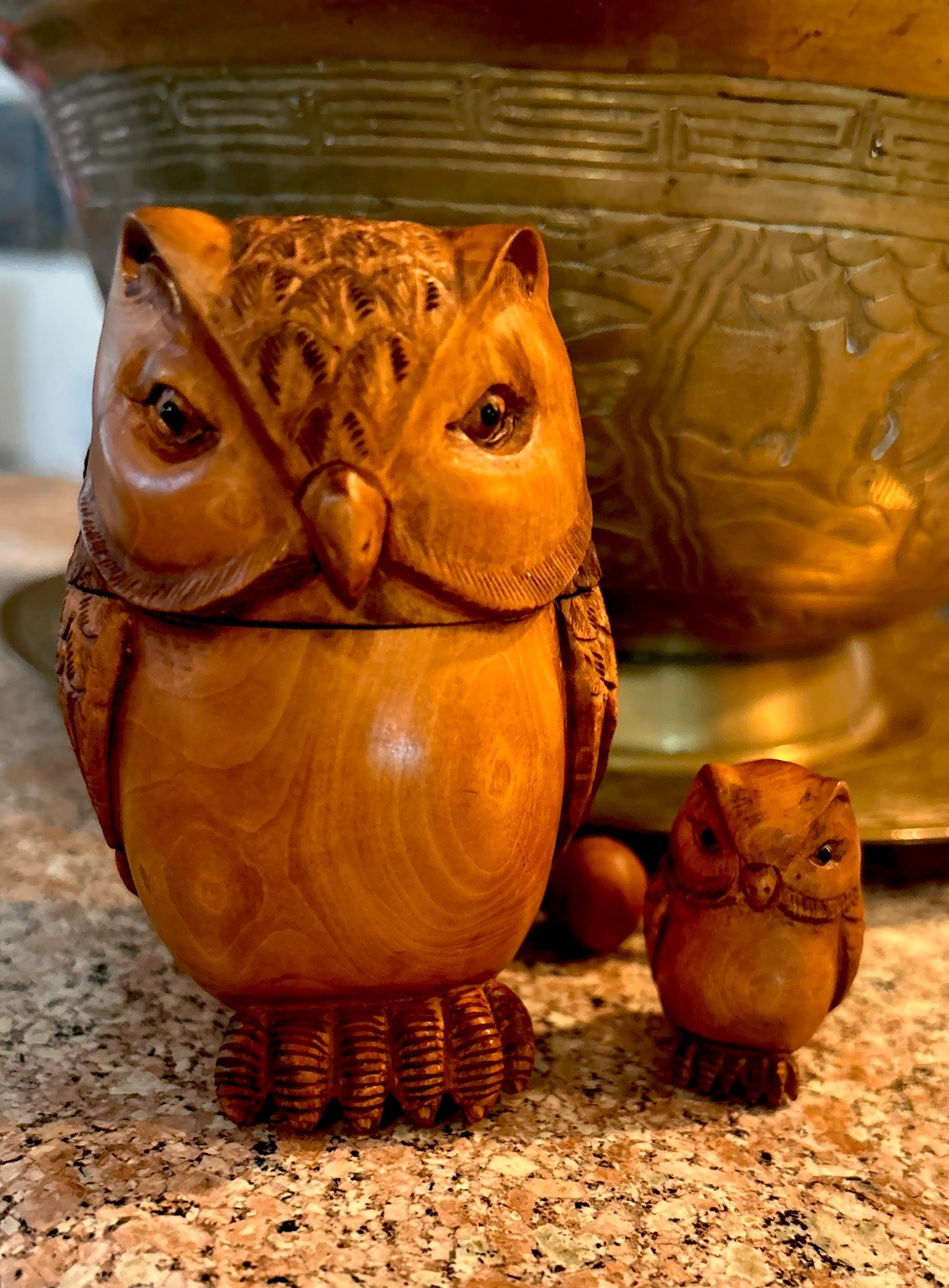 VTG Hand Carved Boxwood Inro Owl Mama and Baby Wood Figure, Signed