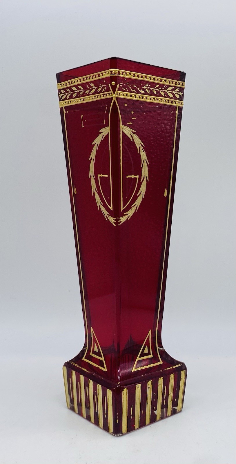 Sessionist Bohemian JOSEF RIEDEL Ruby Red Glass Vase With Gold Gilding