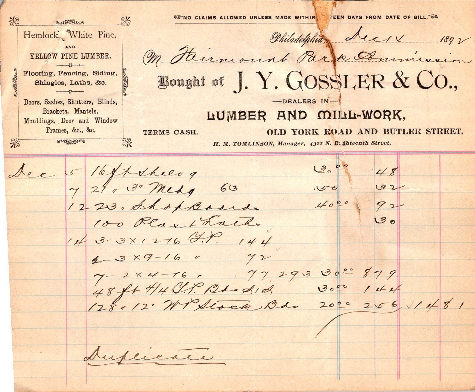 J Y Gossler & Co Lumber Invoice 1895 Philadelphia Millwork Hemlock Pine