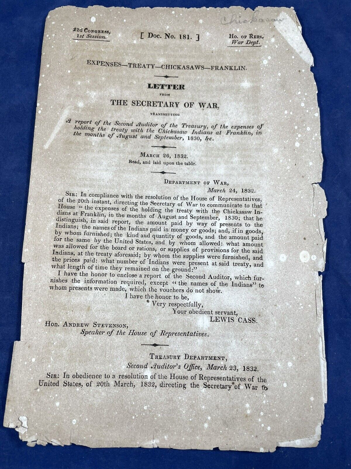 1832 Secretary of War Report, CHICKASAW Treaty Expenses at FRANKLIN, TN