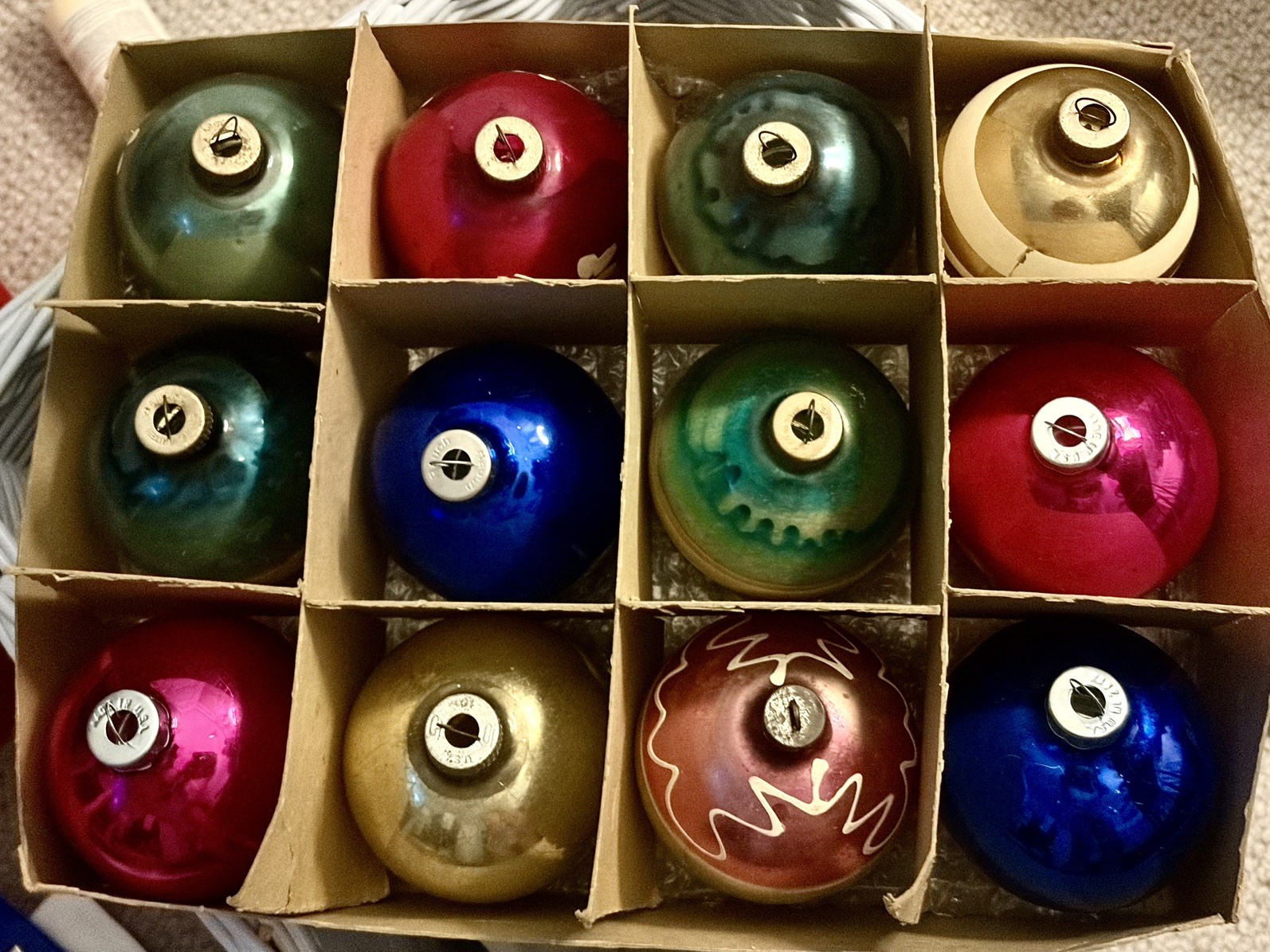 12 Shiny Brite Glass Tree Ornaments, Striped, Stenciled, Round, Mica 12 Shiny Brite Glass Tree Ornaments, Striped, Stenciled, Round, Mica