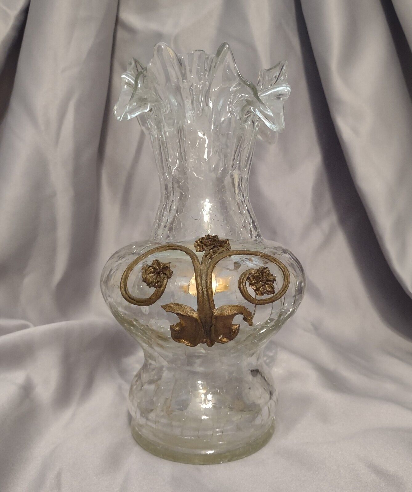 Vintage Crackled Glass Vase w/Ruffled Edges and Metal Appliques Designs
