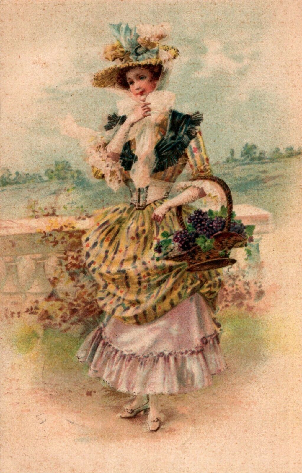 Classy Lady Big Dress Picked Grapes Vintage Postcard 08.80