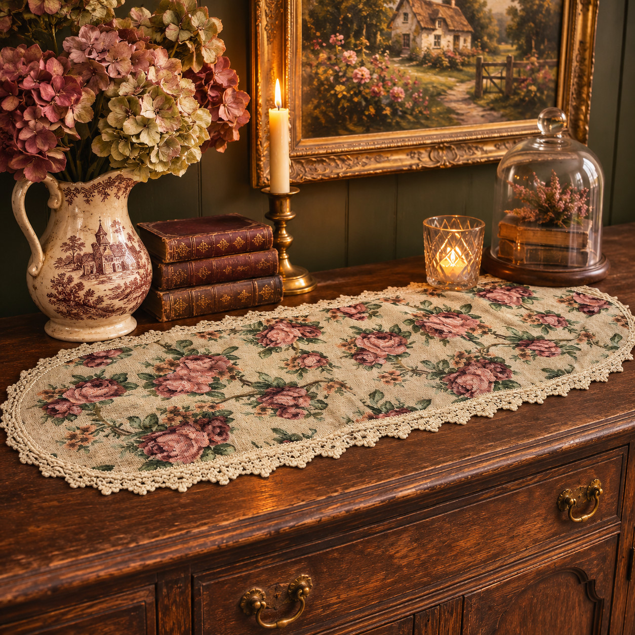 Vintage floral embroidered tapestry crochet trim Victorian style table runner