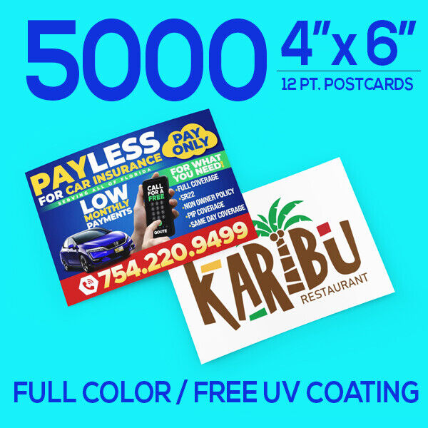 5000 POSTCARDS 4x6 Full Color UV Coating 12pt
