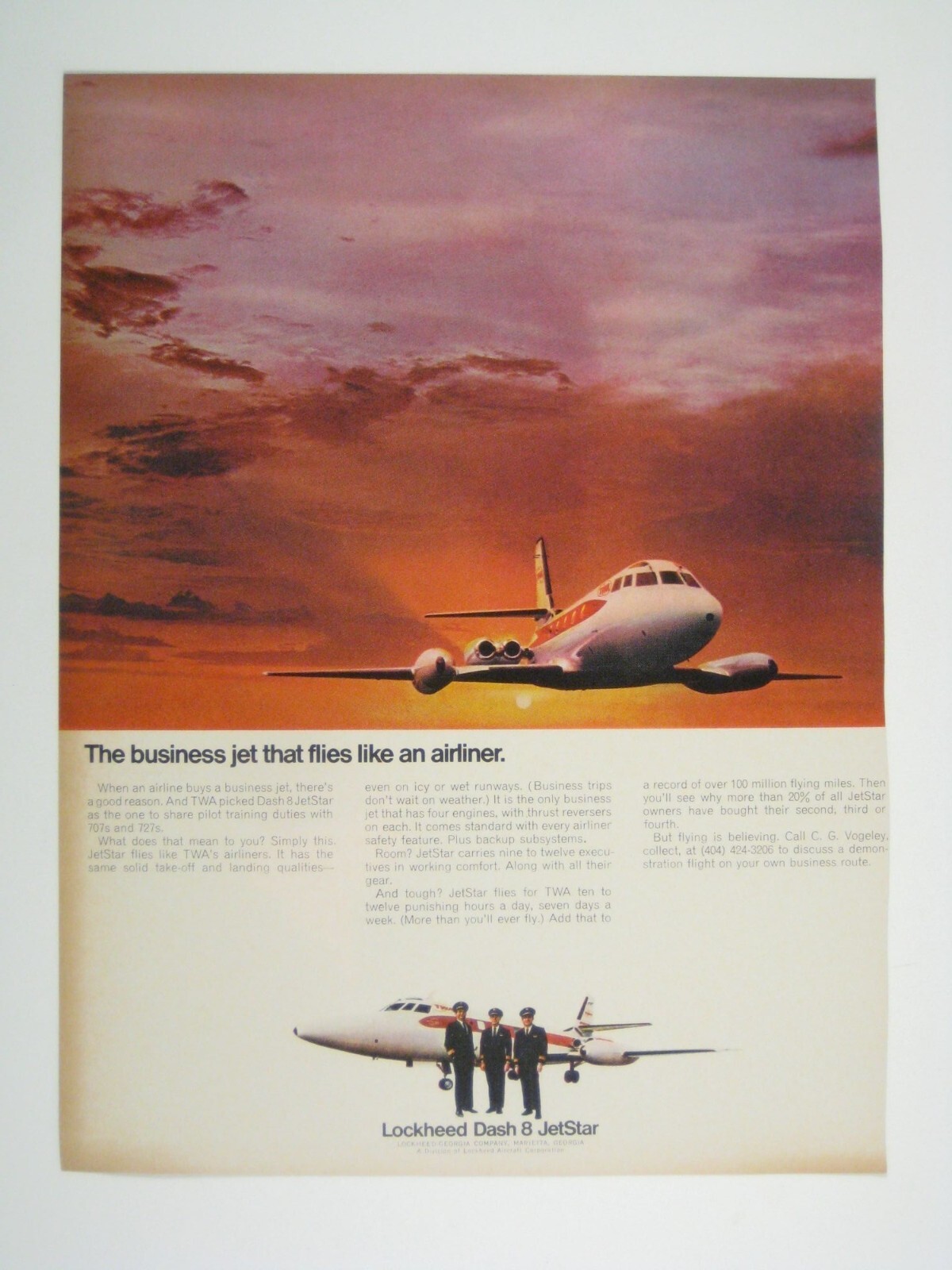 Lockheed Dash 8 JetStar 1968 Vintage Print Ad Aviation Airplane Sunset Sky
